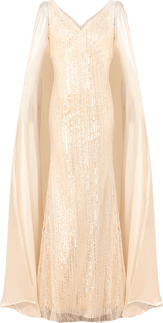 Women's Beaded Gown with Satin Cape Sleeves
