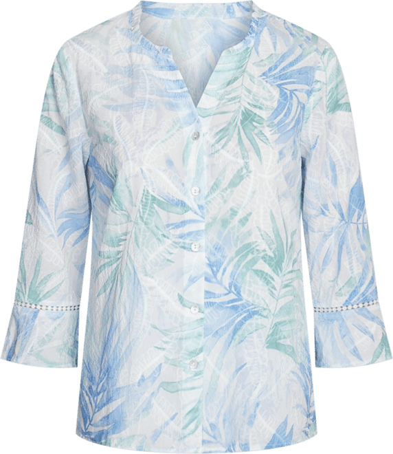 Women's St. Thomas Tropical Embroidered Button Front Collared Neck Top