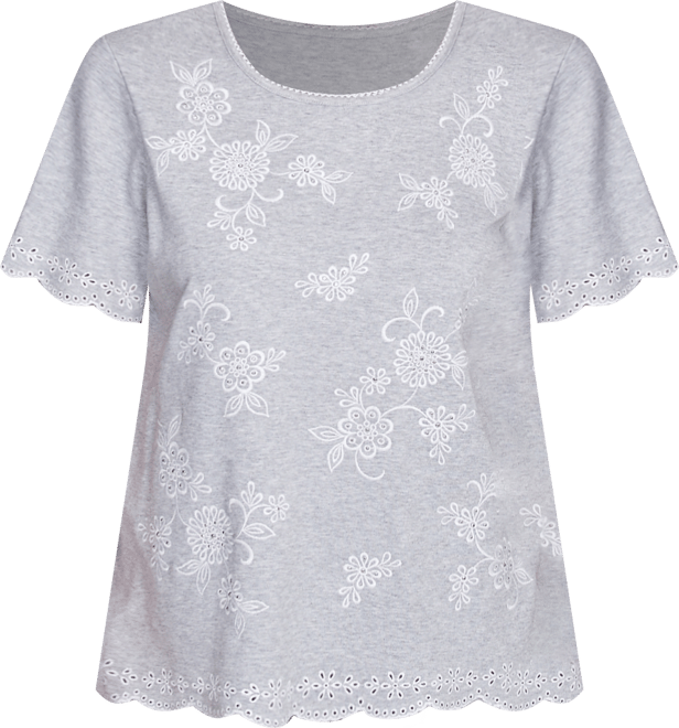 Women's Crystal Springs Embroidered Tossed Flower Crew Neck T-Shirt