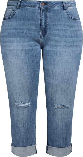 Plus Size Curvy-Fit Slight Rip Roll-Up Boyfriend Jeans