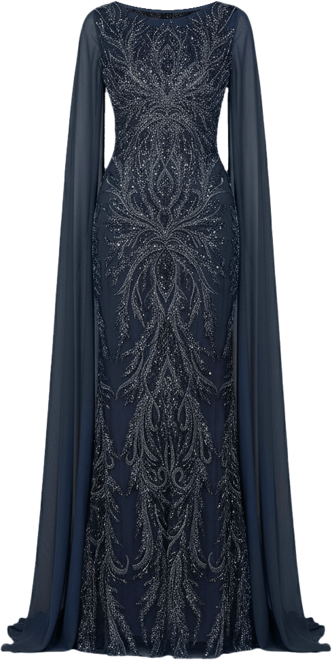 Women's High Neck Gown with Chiffon Cape Sleeves