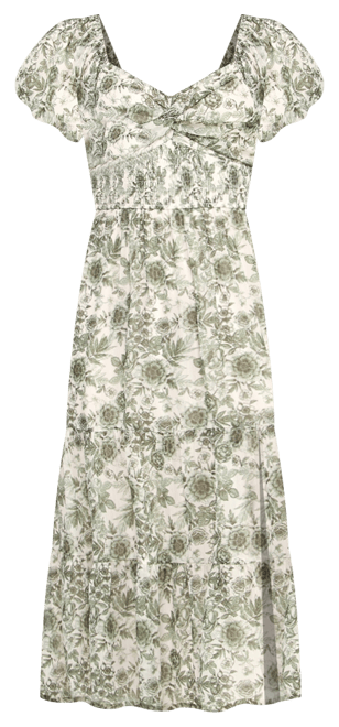 Juniors' Printed Sweetheart Slit Puff-Sleeve Midi Dress