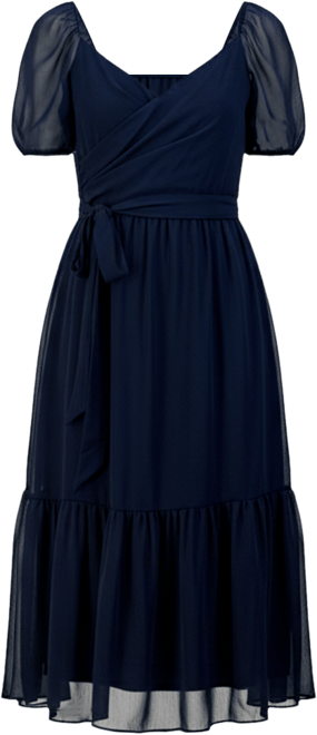 Women's Puff-Sleeve Belted Midi Dress