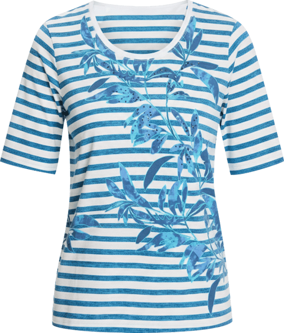 Women's Striped and Foliage Print T-Shirt
