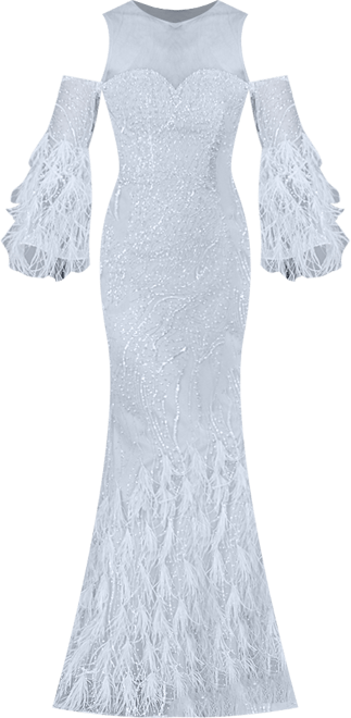 Women's Cold Shoulder Mermaid Lace Gown with Feathers