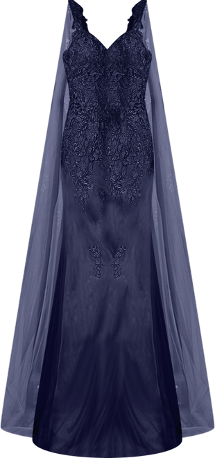 Women's Embroidered Lace Gown with Flowing Capes