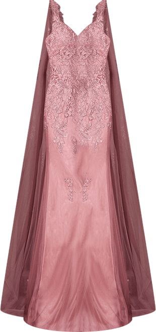 Women's Embroidered Lace Gown with Flowing Capes