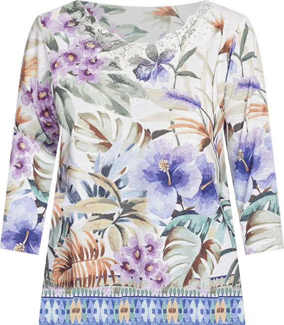 Women's Santa Fe Tropical Floral Border Crew Neck Top