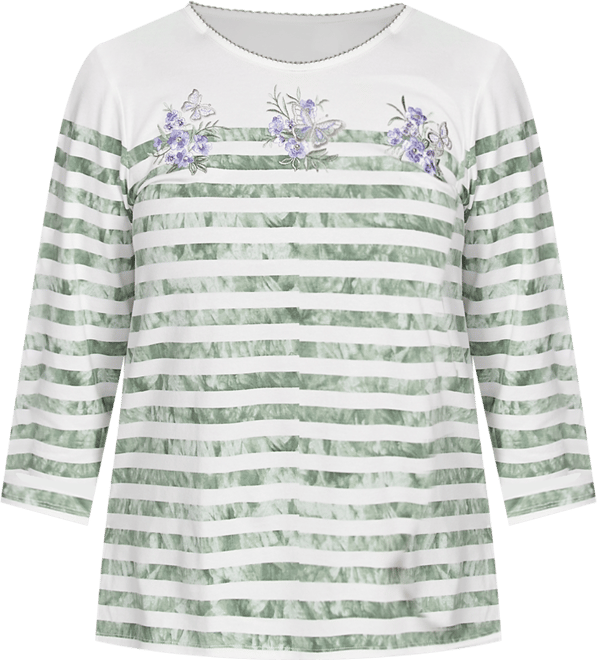 Women's Santa Fe Tie Dye Stripe Embroidered Crew Neck Top