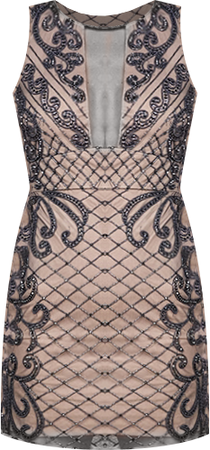 Women's Illusion Neck Beaded Short New Year's Eve Dress