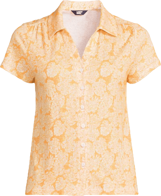 Women's Linen Blend Short Sleeve Button Front Polo Top