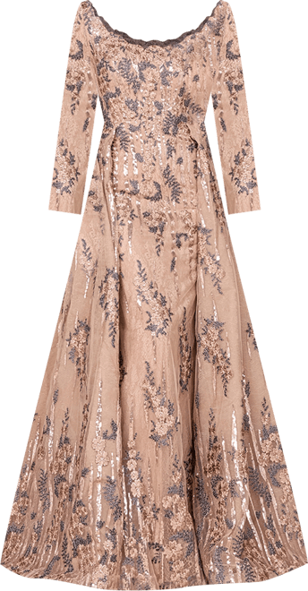 Women's Long Sleeve Lace Gown with Overskirt