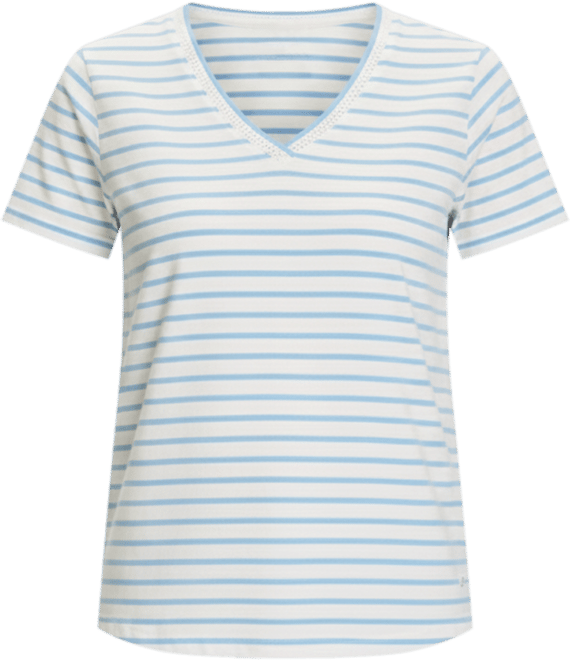 Women's Striped Embroidered Trim V-Neck Tee