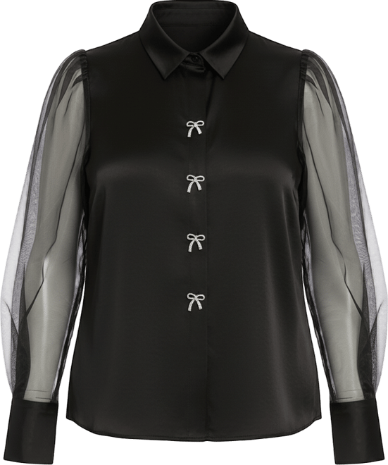 Plus Size Bow-Trim Bishop-Sleeve Blouse