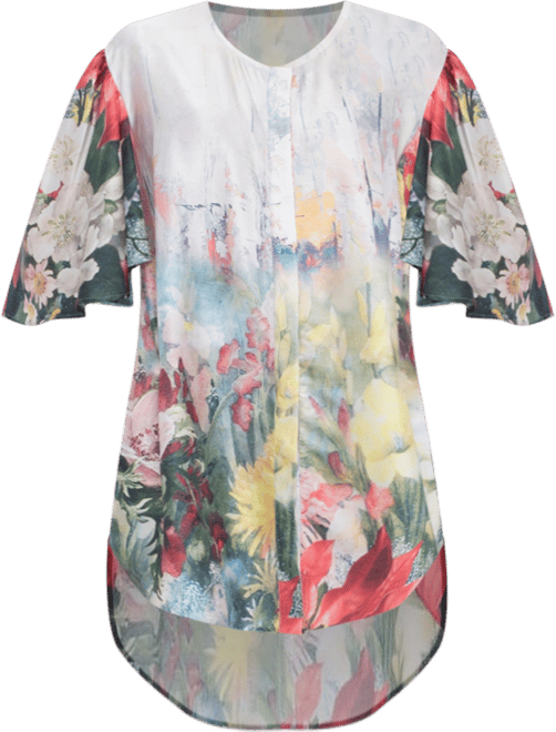 Women's Belted Floral Print Butterfly Sleeve Hi-Lo Charmeuse Dress