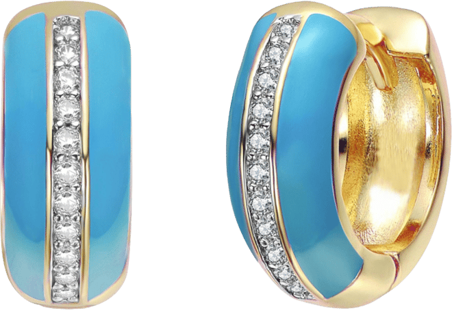 14K Gold Plated with Clear Cubic Zirconia Colored Enamel Hoop Earrings