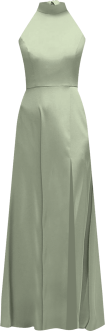 Women's Band Collar Halter Open Back Fluid Satin Maxi Dress with Self-Tie Bow