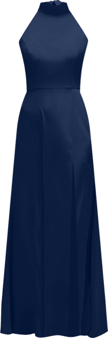 Women's Band Collar Halter Open Back Fluid Satin Maxi Dress with Self-Tie Bow