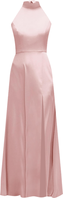 Women's Band Collar Halter Open Back Fluid Satin Maxi Dress with Self-Tie Bow