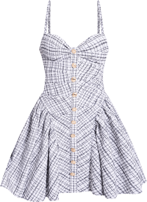 Women's Melody Black and White Plaid Tweed Halter Drop Waist Mini Dress