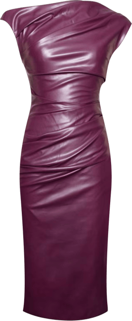 Women's Sabina Purple Leather Slash Neck Midi Dress