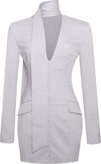 Women's Tahlia Deep V Pinstripes Gray Blazer Dress with scarf collar