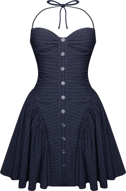 Women's Melody Navy Blue Pinstripe Halter Drop Waist Mini Dress
