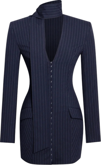 Women's Tahlia Deep V Pinstripes Navy Blue Blazer Dress with scarf collar
