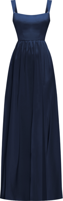 Women's Shaped Strap Portrait Neckline Fluid Satin Maxi Dress with Full Skirt