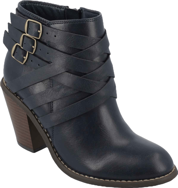 Women's Strap Round Toe Stacked Heel Dress Booties