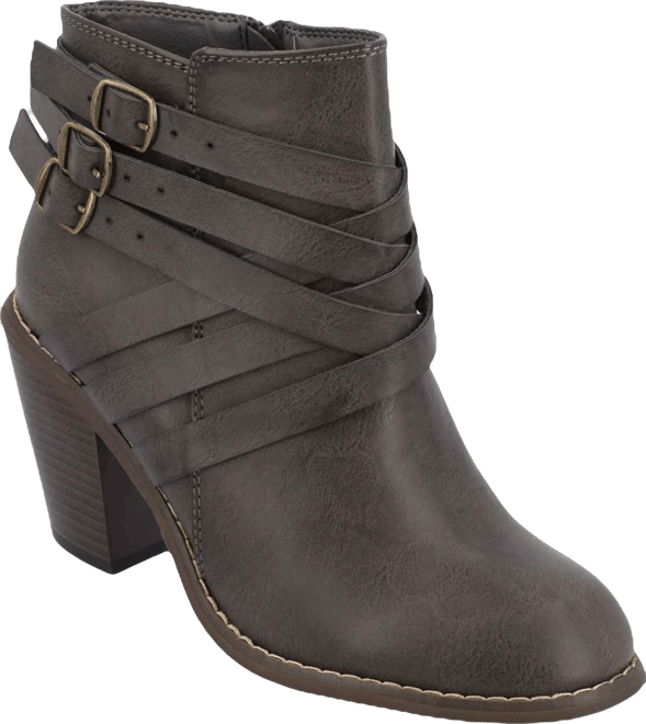 Women's Strap Round Toe Stacked Heel Dress Booties