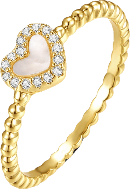 14k Yellow Gold Plated with Mother of Pearl & Cubic Zirconia Beaded Band Promise Stacking Ring