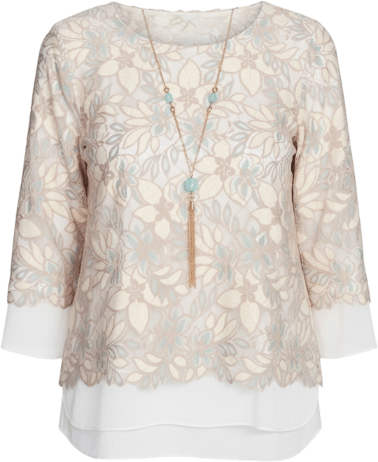 Petite Kensington Gardens Floral Lace Woven Trim Top with Necklace