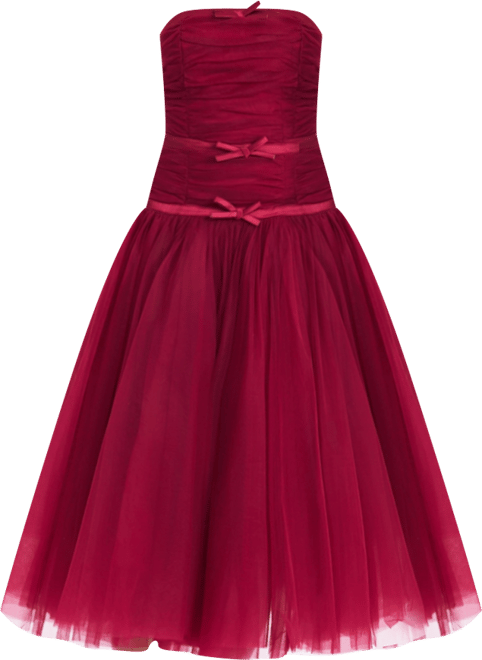 Women's Mabel Burgundy Drop Waist Layered Mesh Midi Puffy Dress with Bow
