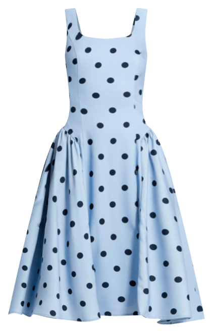 Women's Polka Dot A-Line Midi Dress with Square Neck and Ruffle Gussets