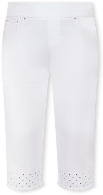 Plus Size Embroidered Hem Soft Stretch Denim Capri Jeans