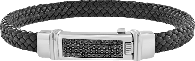 Effy Men's Black Spinel Pave Woven Black Leather Bracelet (3/4 ct. t.w.) in Sterling Silver