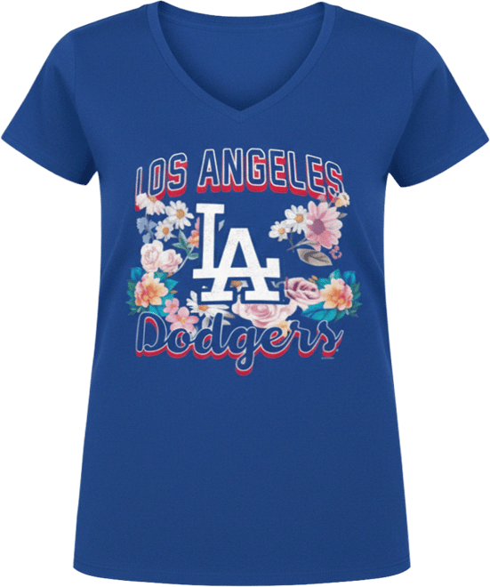 Women's Royal Los Angeles Dodgers Flowers Graphic Fitted V-Neck T-Shirt
