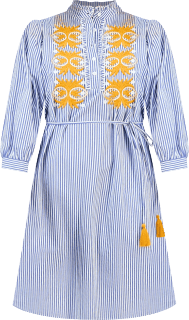 Women's Striped Embroidered Tie-Waist Dress