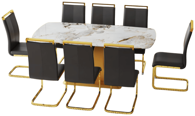 Streamdale 71" Pandora Glass Dining Set w/ 8 Black Pu Chairs