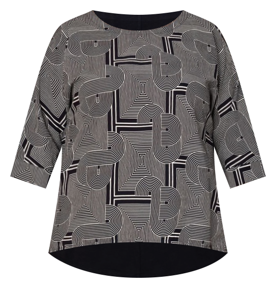 Organic Cotton Blend Woven Front With Knit Back 3/4 Sleeve Tee in Navy/White Line Abstract