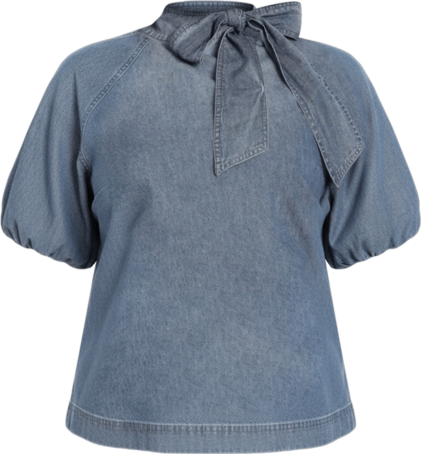 Women's Plus Size Puff Sleeve Chambray Tie Neck Top