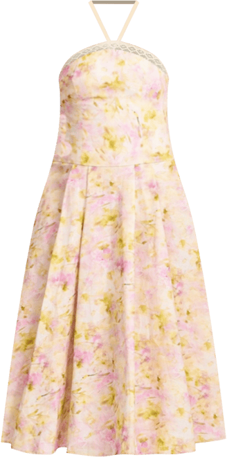 Women's Zaina Yellow Pink Floral Print Lace Trim Linen Midi Dress