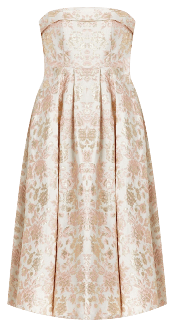 ●Mac Duggal●ブロケード ストラップレス Aライン ミディドレス Mac Duggal ピンクとホワイトのストラップレスフローラル