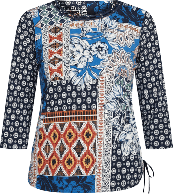 Women's Batik Patchwork Drawstring Crew Neck Top
