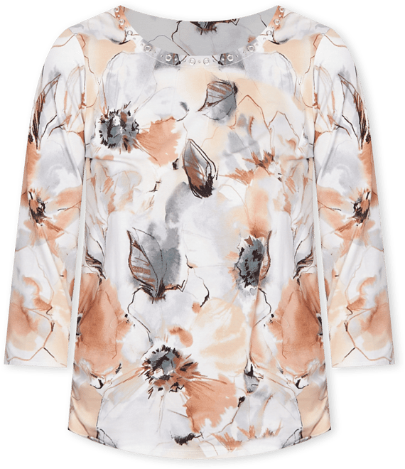 Women's Watercolor Floral Gathered Sides Crew Neck Top