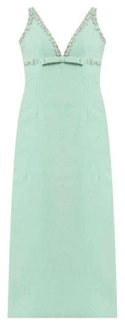 Women's Crepe Fitted Midi Dress With Bow And Beaded Trim