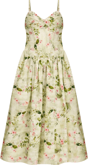 Women's Jacinda Green Floral Print Ruched Breast Linen Midi Dress