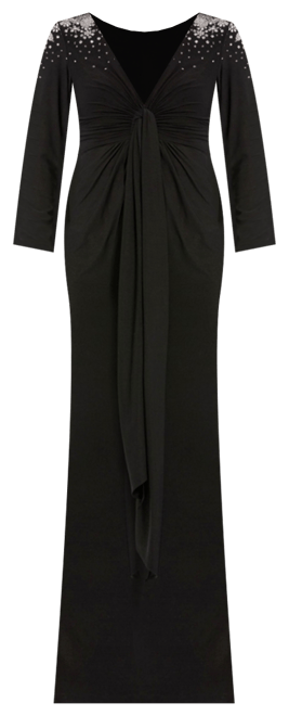 Women's Jersey V Neck Faux Knot Gown With Beaded Shoulders