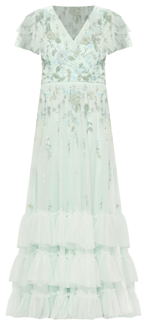 Women's Ruffle Tiered Embellished Faux Wrap Flutter Sleeve